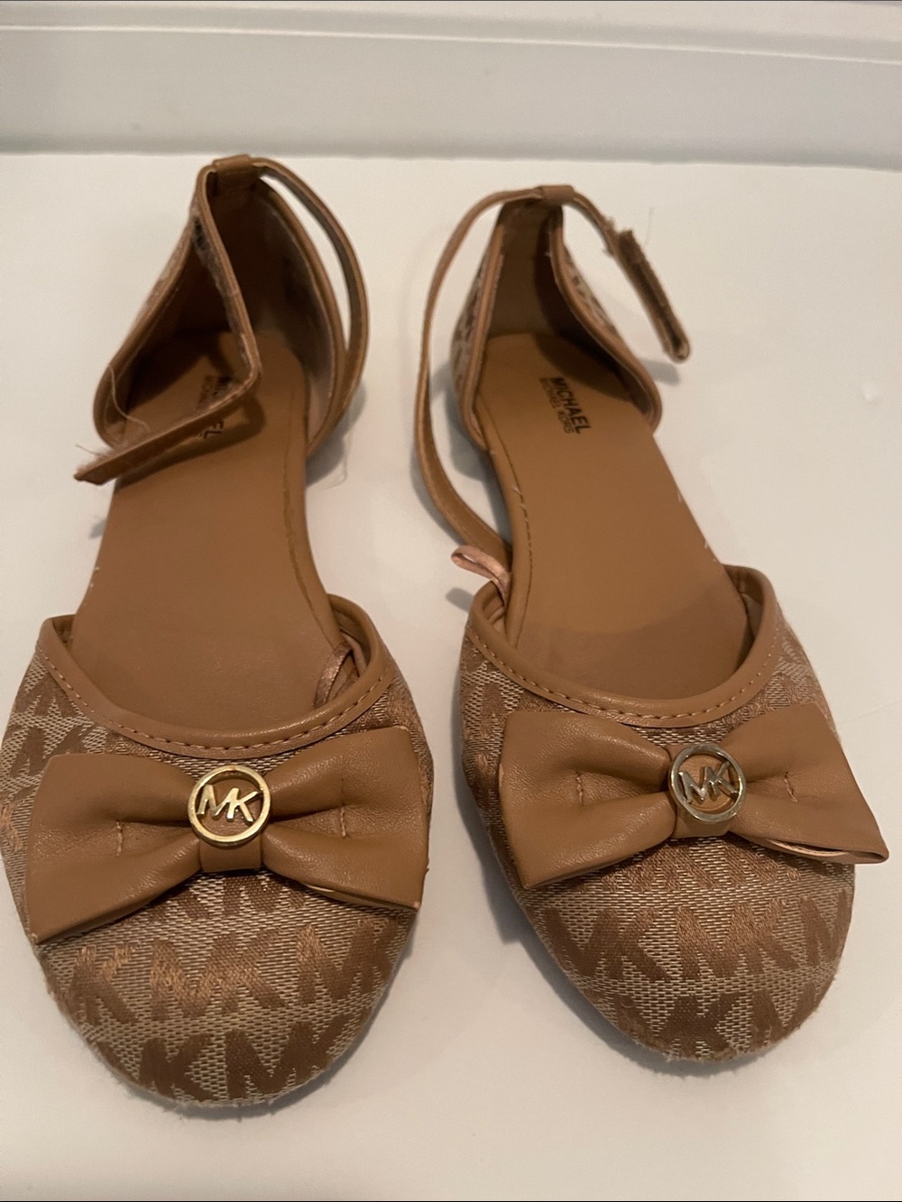 Michael Kors Girls Brown MK Logo Bow Ankle-Strap Flats